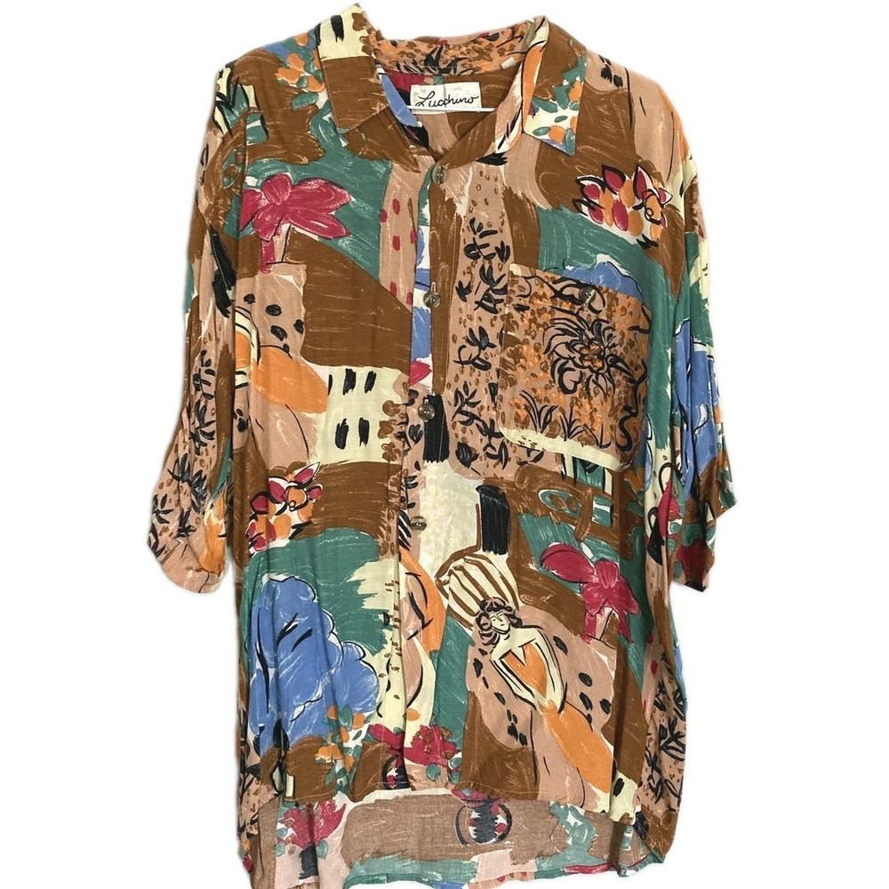 Lucchino Shirt Men L Multicolor Abstract Women Figure Art Print Button Up